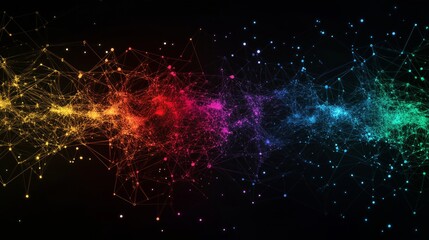 Vibrant network of multicolored nodes and connections on black background