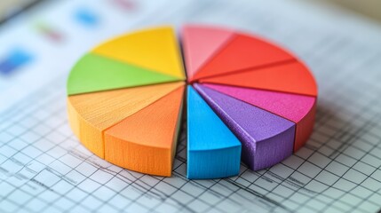 Obraz premium Colorful pie chart made of wooden segments on a grid paper backdrop in a bright workspace