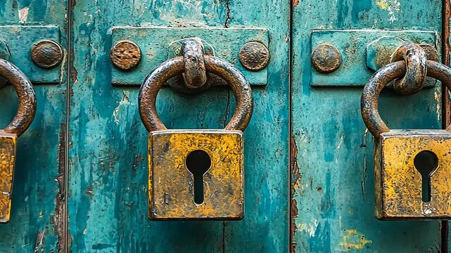 Three rusty padlocks on a weathered blue wooden door.