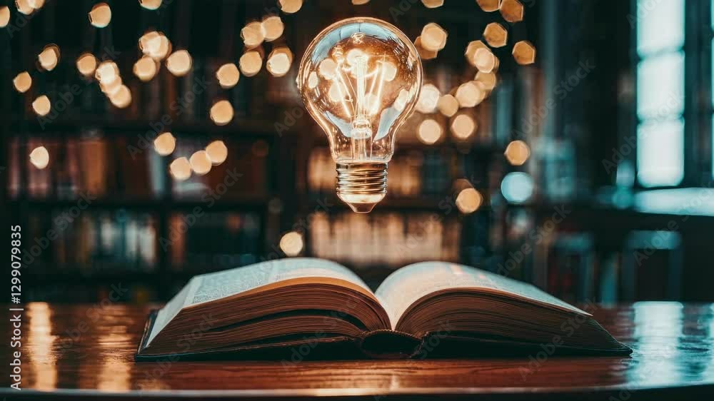 Poster a creative video concept featuring a low-angle shot of an open book with a glowing light bulb above,