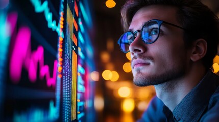 Focused young man analyzing financial data on a digital screen in an urban setting at night