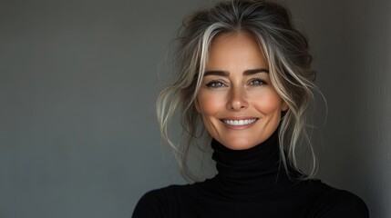 Fototapeta premium A profile view of an older woman with silver hair styled in a bun, wearing a black turtleneck.