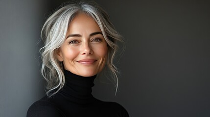 A profile view of an older woman with silver hair styled in a bun, wearing a black turtleneck.