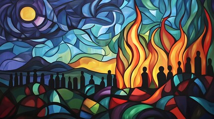 Cubist Beach Bonfire at Night