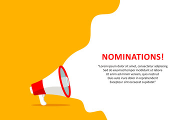 Nominations, banner with megaphone. Nominations speech bubble banner. Vector illustration for retail shopping online marketing template, banner, poster, and background.