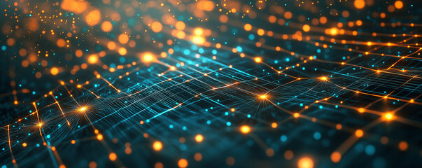 A dynamic abstract background with glowing orange and teal light trails and a wavy mesh-like pattern. Sparkling particles for a futuristic and energetic visual effect.