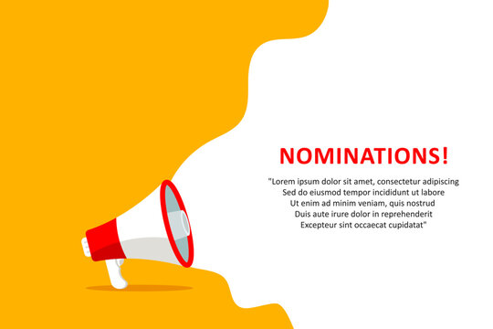 Nominations, banner with megaphone. Nominations speech bubble banner. Vector illustration for retail shopping online marketing template, banner, poster, and background.