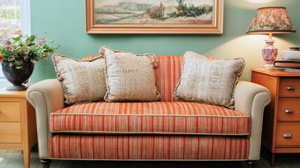 Retro living room with stylish sofa and cushions
