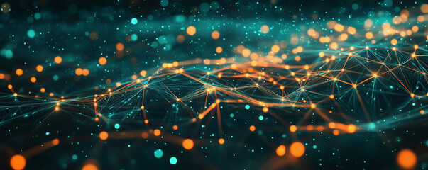 A dynamic teal abstract background with glowing orange light trails and a wavy mesh-like pattern, with sparkling particles for a futuristic and energetic visual effect.