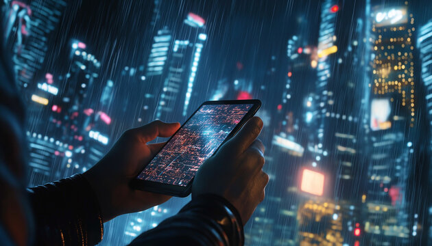 A close-up of a person's hand holding a mobile tablet, displaying an abstract glowing big data hologram against a nighttime cityscape. Futuristic atmosphere, information processing.