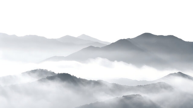 a foggy forest and mountains landscape isolated on a transparent background.PNG