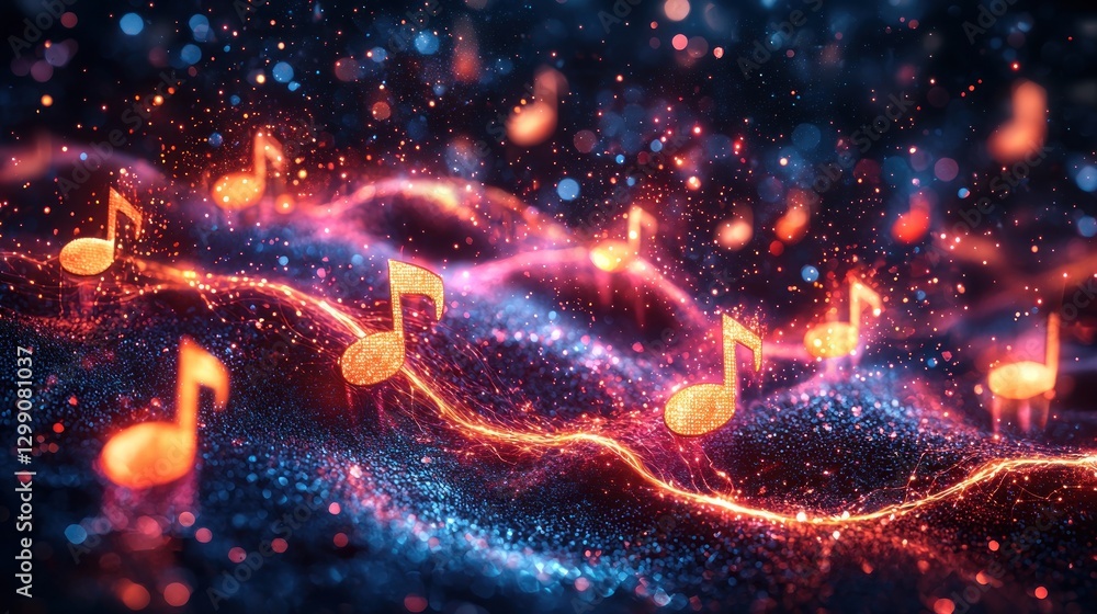 Poster floating musical notes with glowing strings and cosmic particle background
