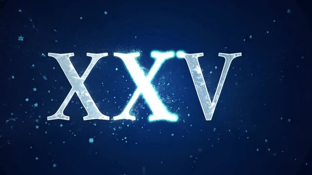 New year text roman numerals xxv snow falls christmas mood looped video alpha channel premultiplied matted with deep blue. 4K footage download