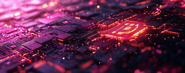 Glowing Bitcoin symbol embedded in a digital circuit board, forming within a futuristic environment, set against a high-tech cyber environment.