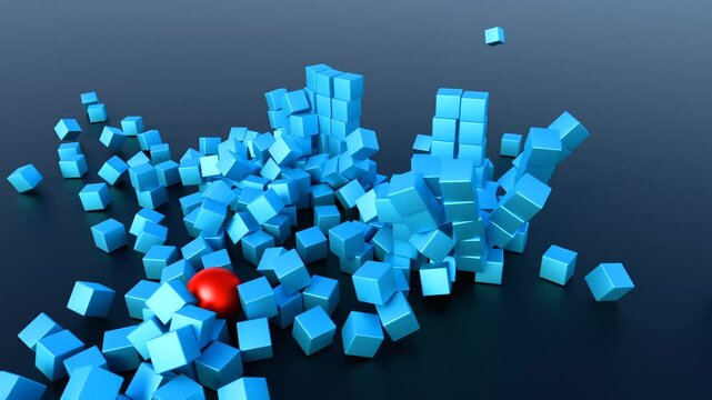 Red ball smashes blue wall of cubes. Rigged body physics. Demolition, destroying, overthrowing, collapsing, breaking. 3D animation