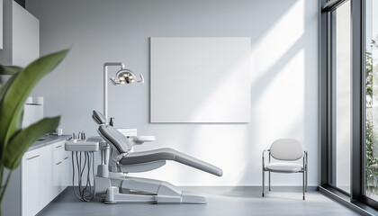 White blank poster mockup next to window in dentist room. Natural room decor in natural day light.