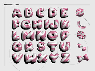 3D candy cane Lollipop alphabet vector set. Realistic Lollipop, candy, sweets, ribbon.
