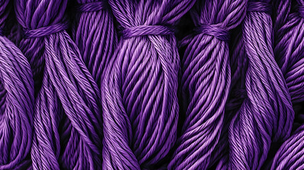 Close-up of purple yarn texture, tightly wound spools, intricate fiber detail, ideal for textile background, crafting projects