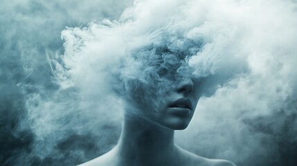 Woman's face obscured by swirling, ethereal smoke.