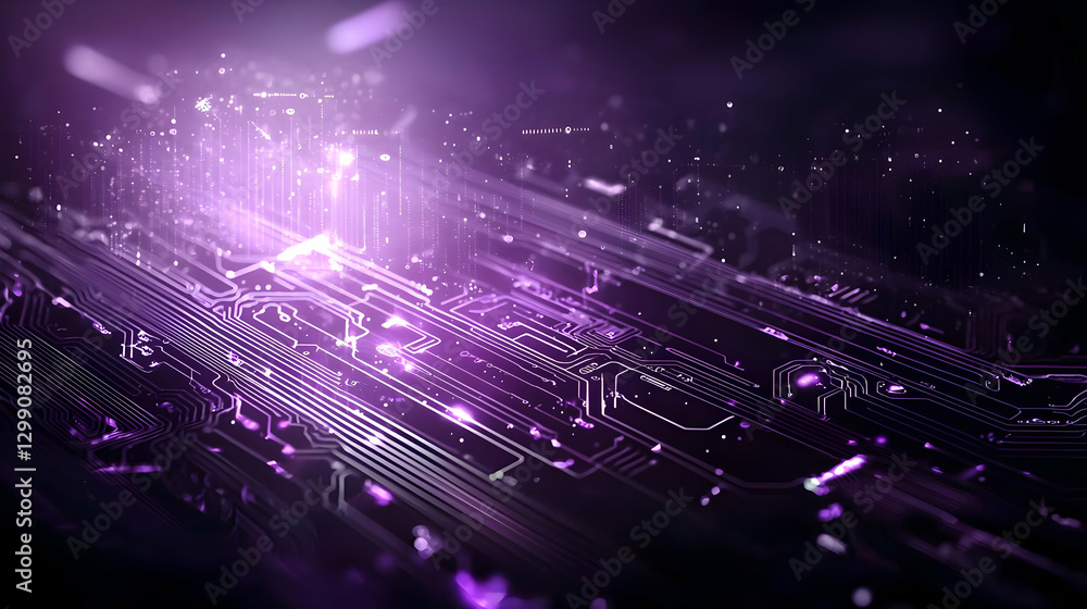 Poster abstract purple circuit board design with glowing lines and data flow