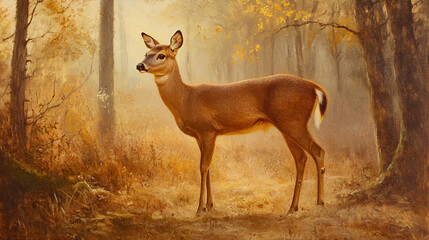 Realistic painting of a deer standing gracefully in a serene autumn forest setting