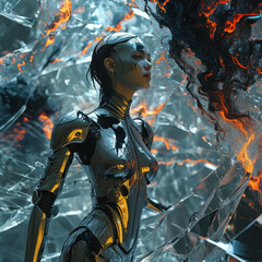 Naklejka premium humanoid female wearing a cybernetic armour stretches and emerges from a shattered mirror, glass silver mirror ground, glossy metallic suite, Splashes of oily liquid, twisting mass of dark chaos