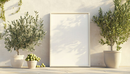 Blank poster mockup frame against wall with potted olive trees and olives in pot. White frame display concept against concrete wall with soft shadow in natural daylight. 