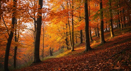 Fototapeta premium Autumn Forest Scene with Golden Trees and Fallen Leaves on a Hillside