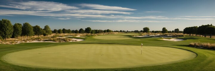 Obraz premium Gorgeous View Golf Course Green with Bunkers Under Blue Sky Perfect Place Sport and Leisure