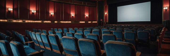 Vintage Movie Theater Interior with Blue Seats, Empty Screen, and Red Walls, Classic Experience