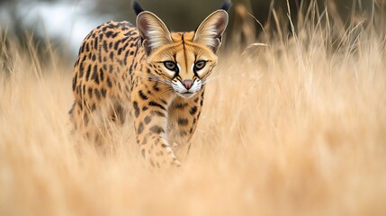 Sleek Serval prowling through the tall African grass its large ears twitching sharp eyes focused as it prepares to pounce on its prey
