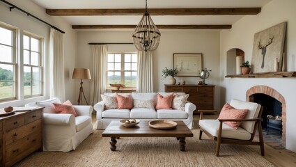 Comfortable White Sofa Room with Wooden Table and Fireplace, Interior Cozy Retreat