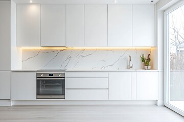 Modern kitchen with white cabinets and marble backsplash, with an integrated sink on the right side of the countertop. The empty space above is adorned by decorative elements,
