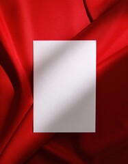 White blank card resting on a vibrant red fabric in a well-lit setting, mockup