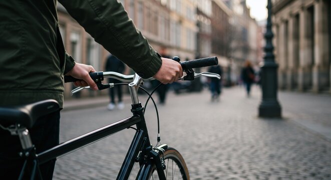 A person gripping the handlebar of a bicycle while cycling in an urban setting. - Powered by Adobe