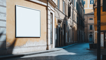 Billboard frame mockup on outdoor wall in Rome. Side view of a large square blank poster on Mediterranean building in bright day light next to entrance.