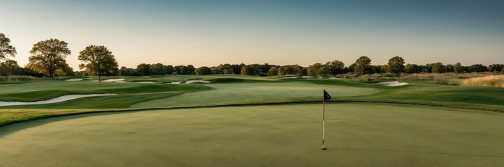 Obraz premium Golf Course Scenery. Green Field, Flag and Sand Traps Under Tranquil Sky