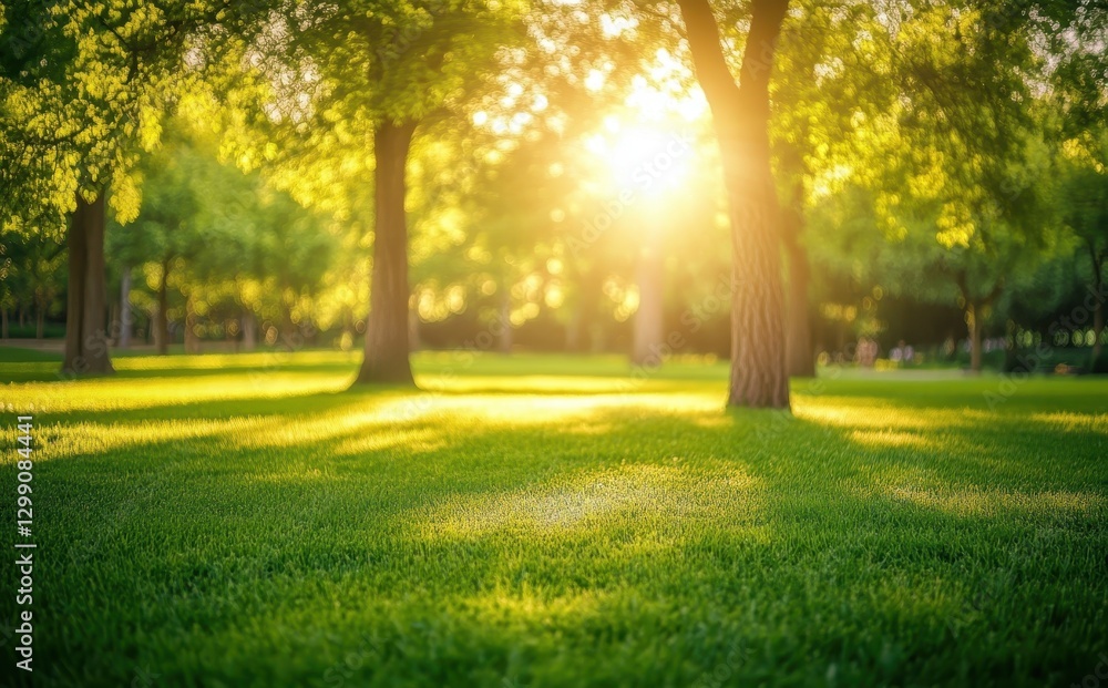 Poster sunlight filtering through trees in a lush green park with vibrant grass and soft shadows creating a