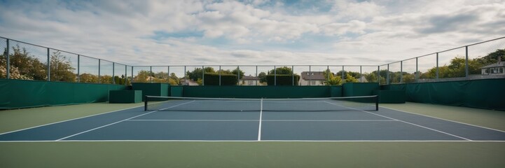 Empty Tennis Court with Net and Blue Surface on Green Background under Cloudy Sky
