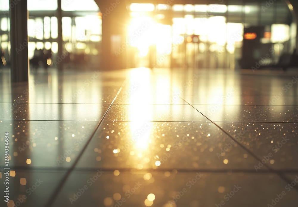 Poster sunlight streaming through airport terminal, illuminating polished floor tiles with reflective spark