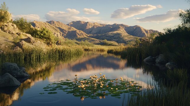 Serene Reflections in Pond at Rancho La Purerta, Tecate, Mexico - Peaceful Landscape Photography for Adobe Stock