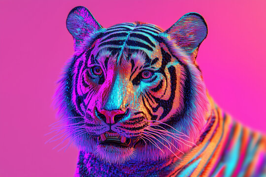 3D NFT tiger with glitch effects and holographic elements