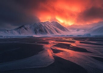 Fototapeta premium A fiery sunrise or sunset over snow-covered mountains, with glowing clouds reflecting on icy terrain