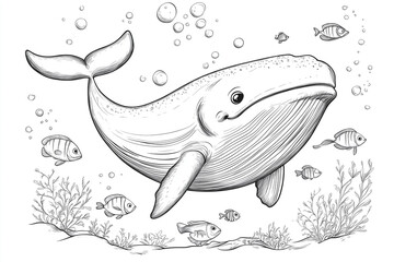 Fototapeta premium Cartoon whale swimming underwater with smaller fish for coloring book pages