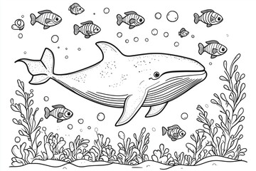 Cartoon whale swimming underwater with smaller fish for coloring book pages
