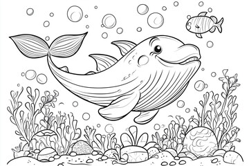 Cartoon whale swimming underwater with smaller fish for coloring book pages