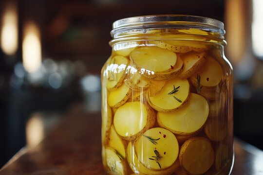 Pickled potato batonnets in jar with golden edges, awaiting flavorful transformation and infusion