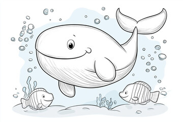 Obraz premium Cartoon whale swimming underwater with smaller fish for coloring book pages