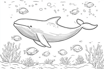 Cartoon whale swimming underwater with smaller fish for coloring book pages