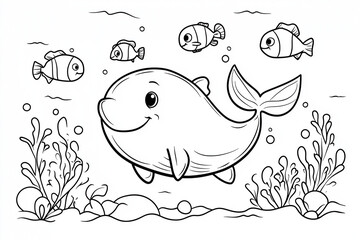 Cartoon whale swimming underwater with smaller fish for coloring book pages